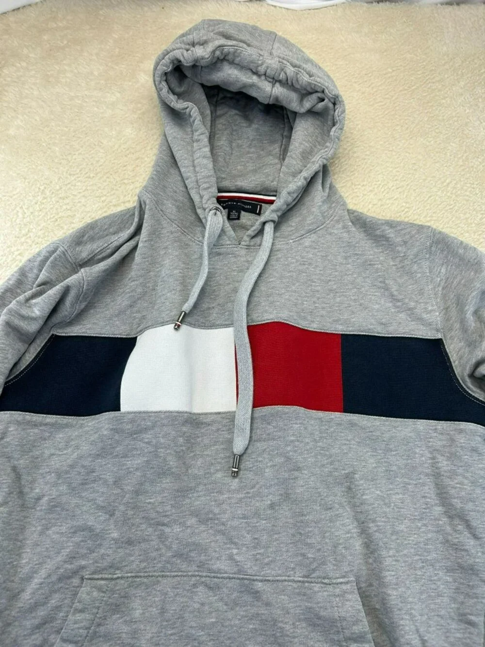 Tommy Hilfiger Mens Hoodie Gray XL Cotton Blend Logo Colorblock Pull-Over Ribbed - Picture 3 of 6